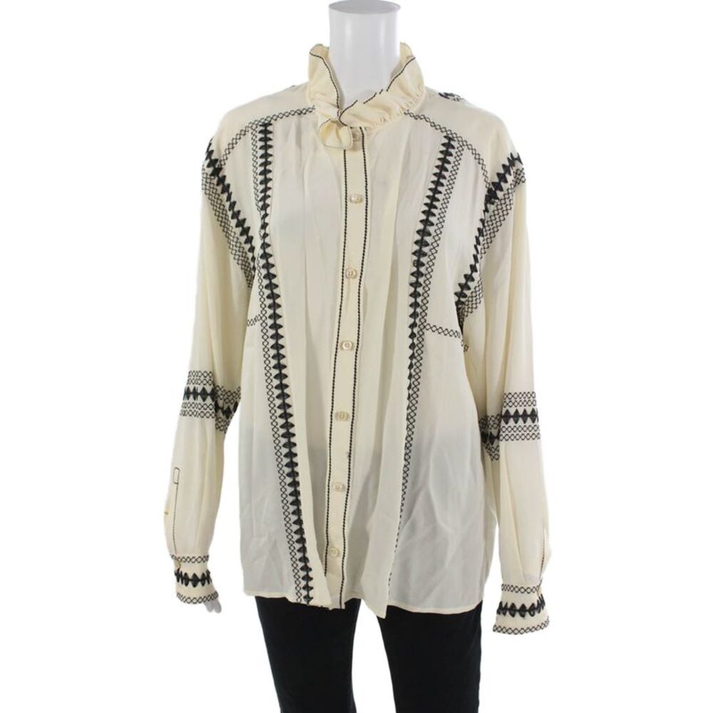 Derek Lam Women Silk Geometric High Neck Button Up Blouse Beige Size 10